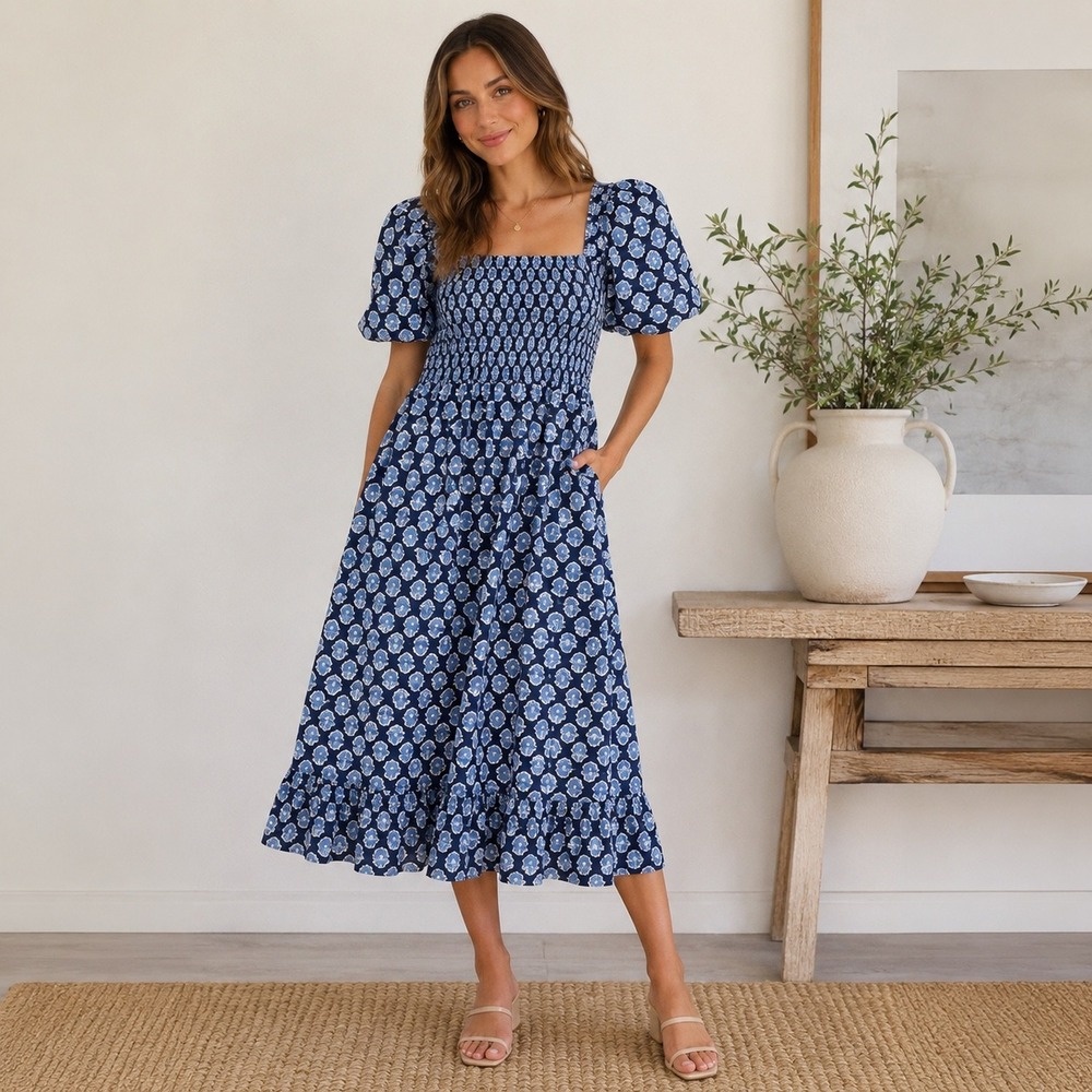 J. Crew Factory Blue Printed Smocked Midi Dress